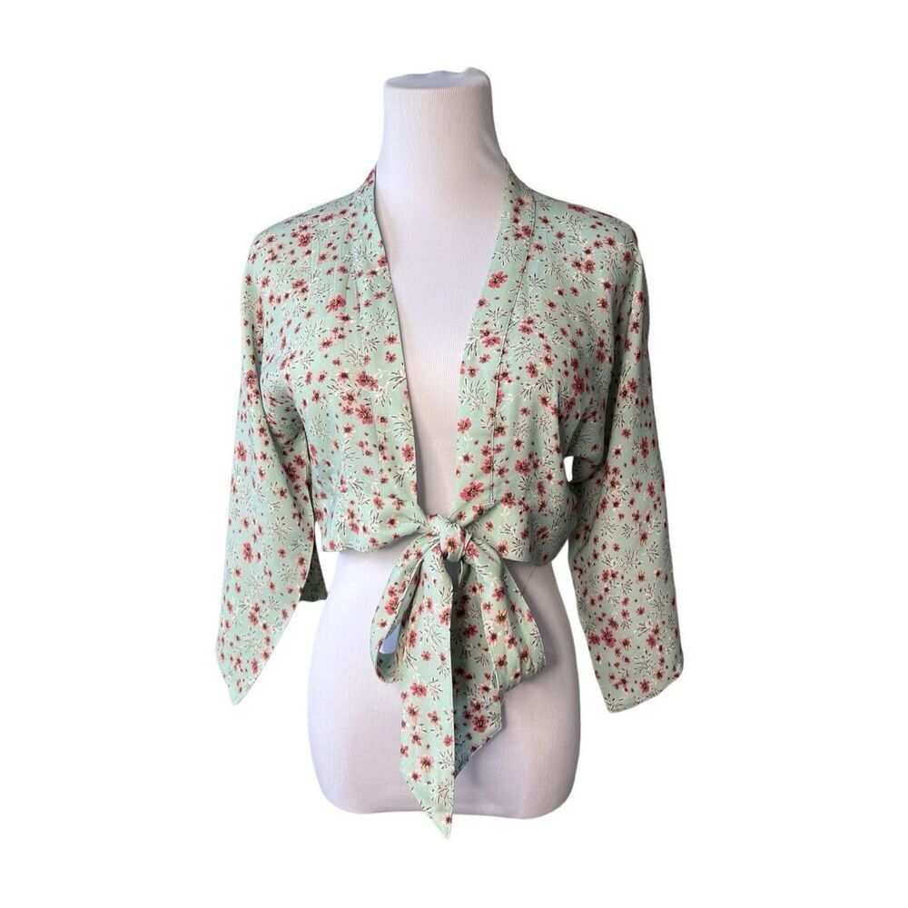 Blue Life Asher Green Floral Kimono Wrap Crop Top Blouse SMALL Retails $165 NWT